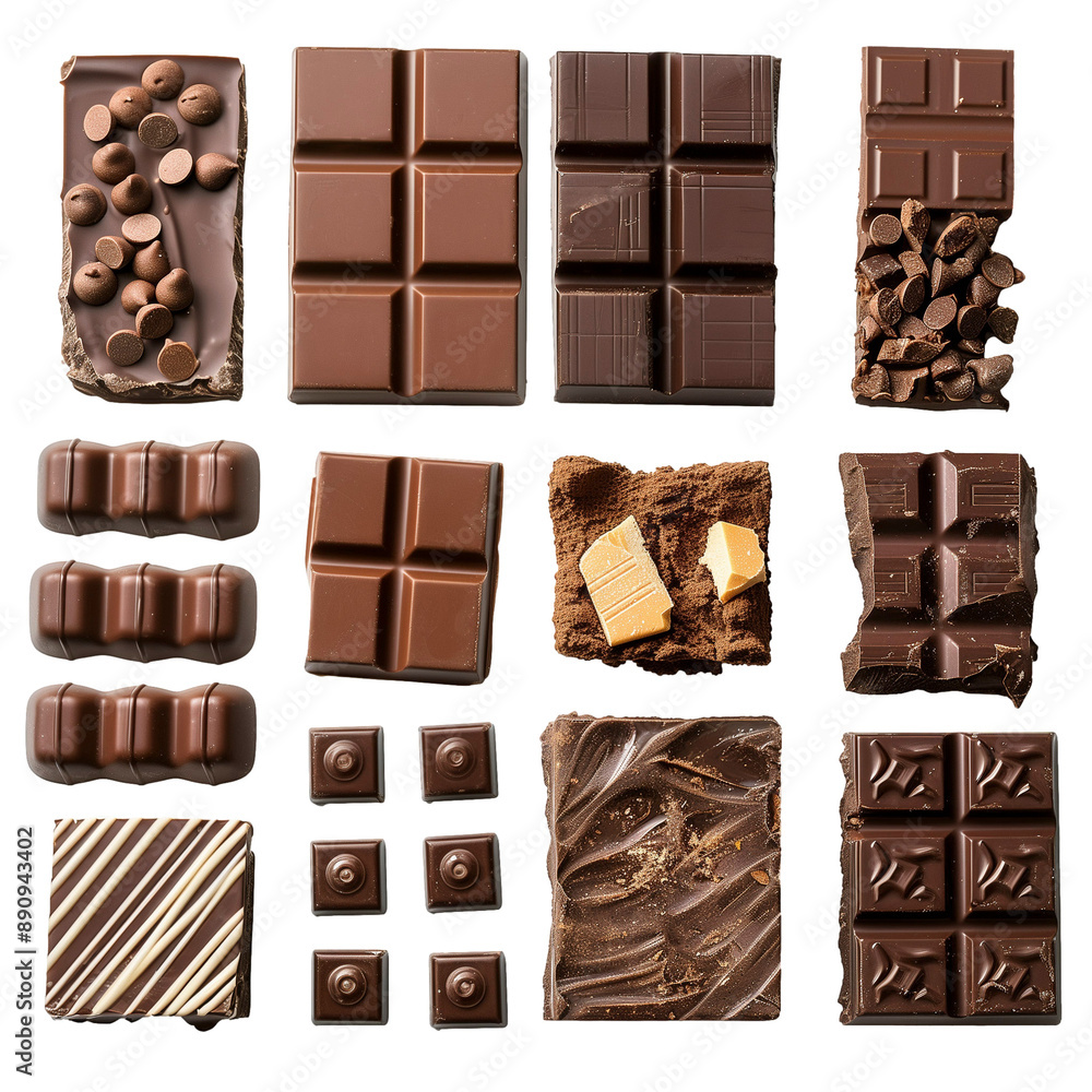 Obraz premium Assortment of Milk, Dark, and White Chocolate Bars, Pieces, and Chunks on White Background