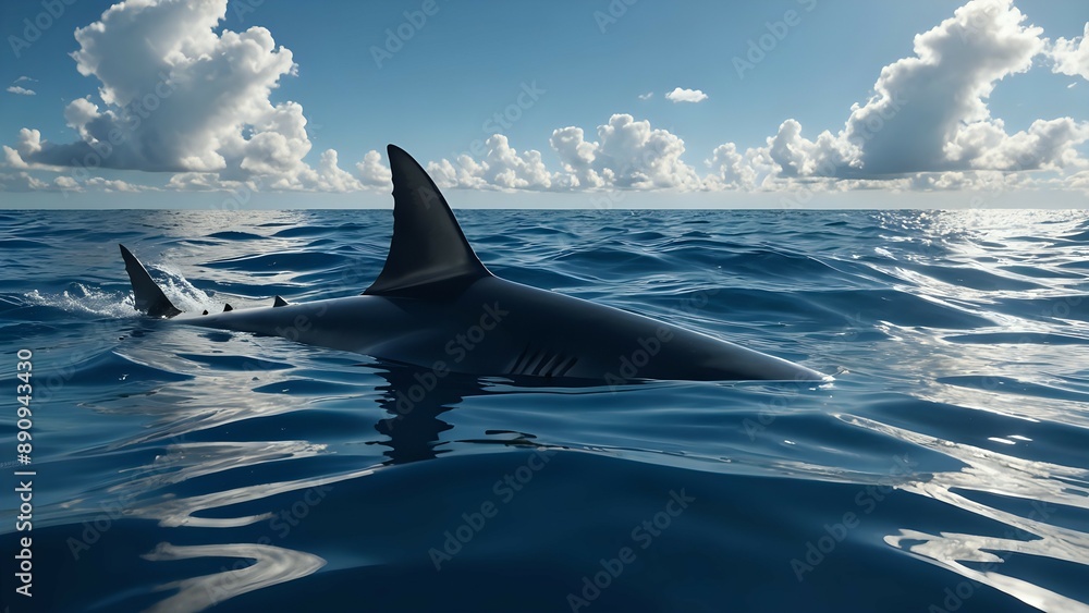 Naklejka premium A shark fin breaks the surface of the ocean, with a blue sky and fluffy white clouds above.