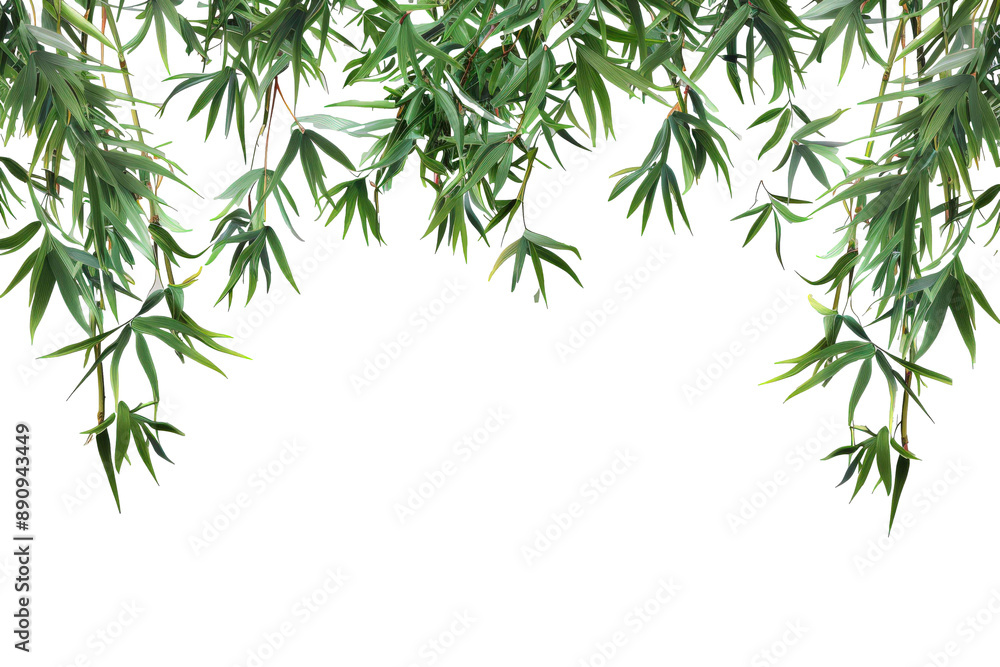 Green Bamboo Branches Hanging Against White Background Green Bamboo Branches Hanging Against White Background