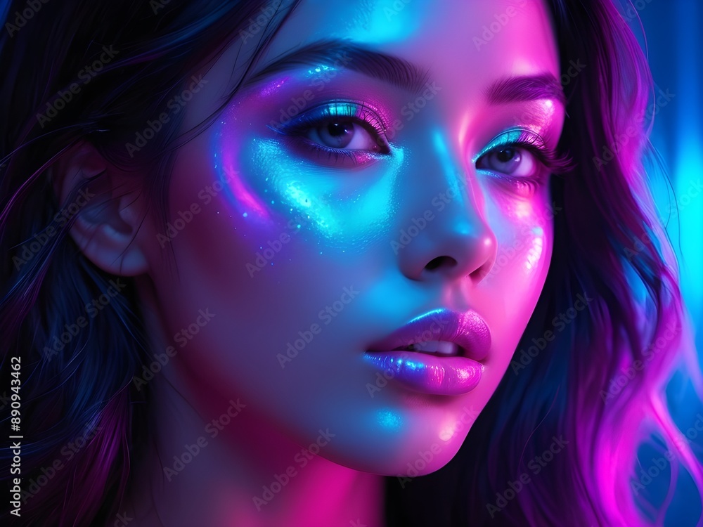 Obraz premium A stunning woman with vibrant neon makeup under neon lights.