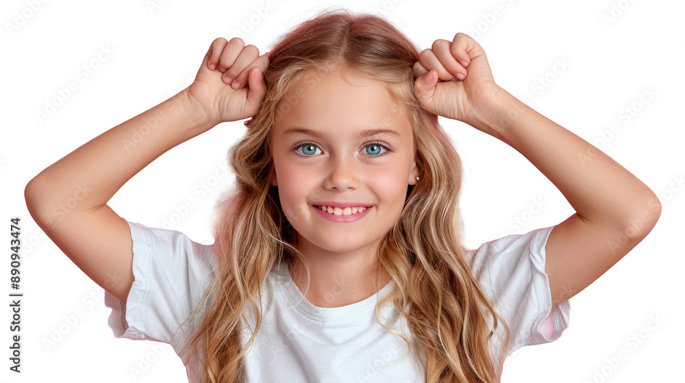 Smiling Young Girl With Blonde Hair Holds Arms Above Head in Studio Portrait Smiling Young Girl With Blonde Hair Holds Arms Above Head in Studio Portrait