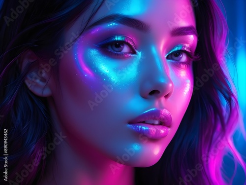 A stunning woman with vibrant neon makeup under neon lights.