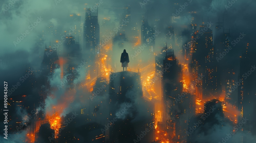 A digital painting of a solitary figure in a foggy, futuristic city with glowing lights and towering buildings A digital painting of a solitary figure in a foggy, futuristic city with glowing lights and towering buildings