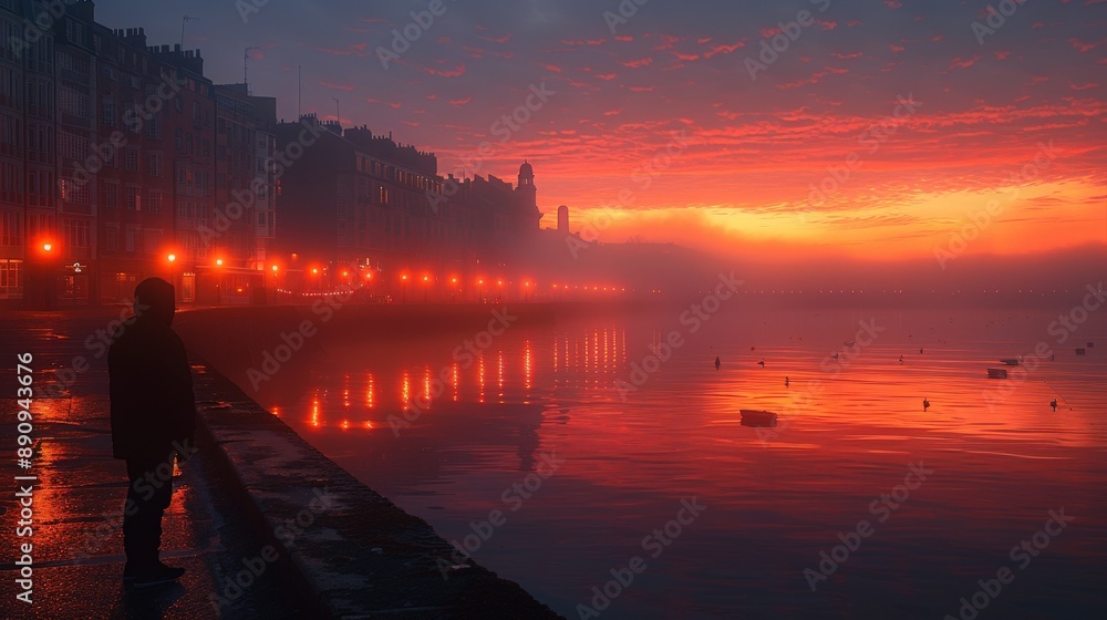 A serene yet mysterious cityscape at dawn, featuring ethereal light and reflections on the water, a lone person silhouetted in the foreground A serene yet mysterious cityscape at dawn, featuring ethereal light and reflections on the water, a lone person silhouetted in the foreground