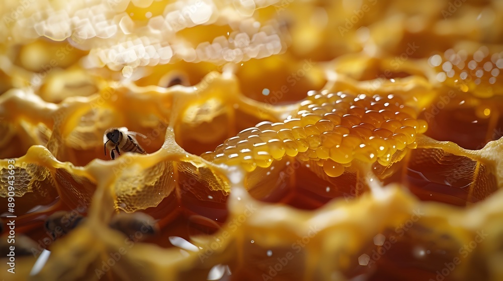 Ultra-Detailed Honeycomb with Honey Droplets and Busy Bees in the Background
