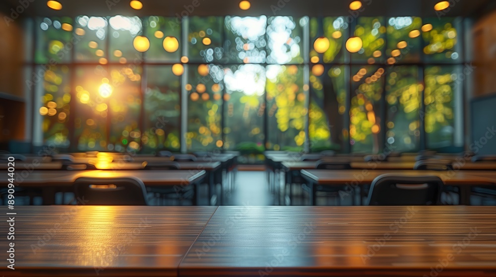 Empty Wooden Table With Blurred Background of A Sunny Cafeteria Empty Wooden Table With Blurred Background of A Sunny Cafeteria
