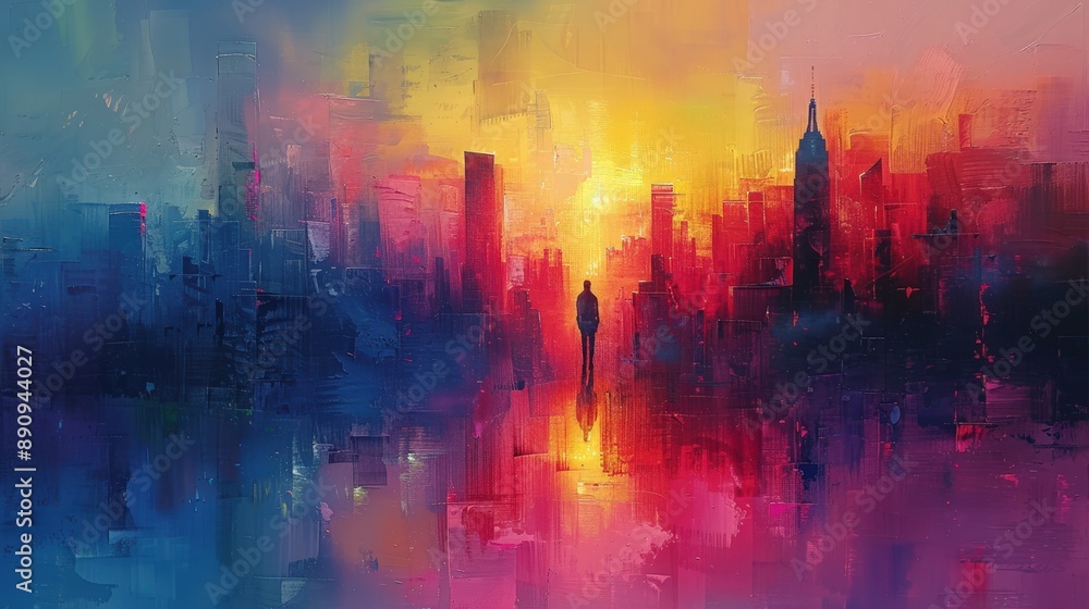 A minimalist, abstract cityscape in soft pastels, featuring a lone person walking towards the distant skyline A minimalist, abstract cityscape in soft pastels, featuring a lone person walking towards the distant skyline