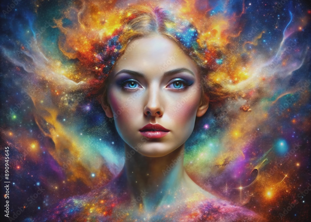 Vibrant digital paint splashes merge with a cosmic nebula, creating a stunning abstract portrait of a mystical woman, radiating beauty and mystery in a kaleidoscope of colors. Vibrant digital paint splashes merge with a cosmic nebula, creating a stunning abstract portrait of a mystical woman, radiating beauty and mystery in a kaleidoscope of colors.
