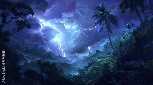 Powerful tropical storm illuminates lush jungle