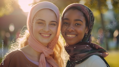 Friendly young women from different ethnic backgrounds, smiling and standing closely