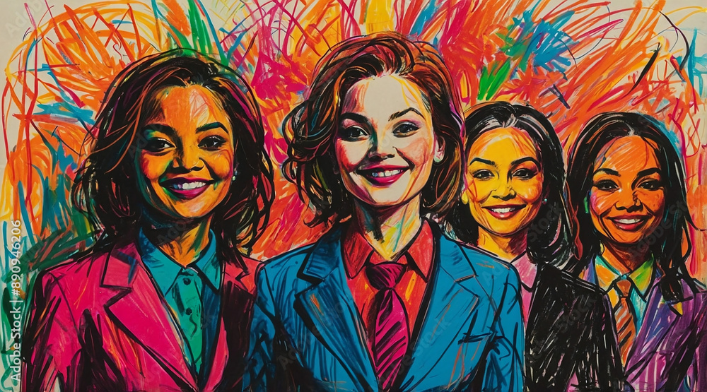 Happy International Women's day illustration, group of happy diverse women in suits of different races Happy International Women's day illustration, group of happy diverse women in suits of different races