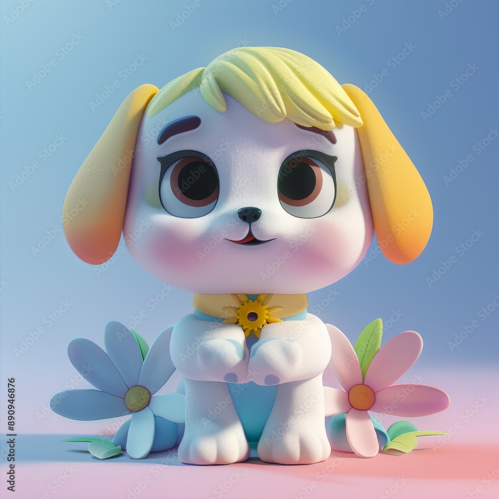 Obraz premium Adorable Puppy with Flowers in Background, Cute Digital Art image