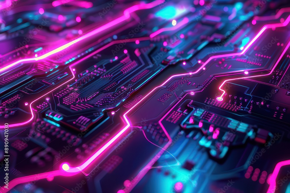 circuit board and glowing neon circuit board and glowing neon