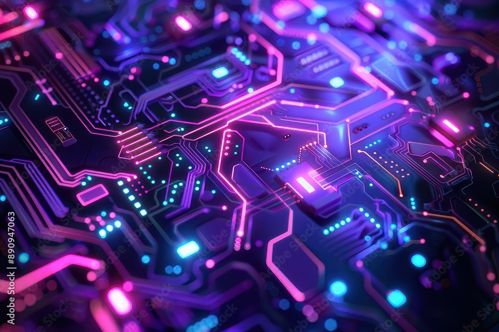 circuit board and glowing neon circuit board and glowing neon