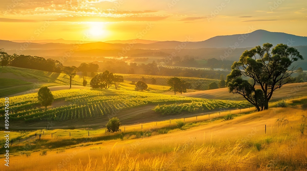 Fototapeta premium Golden summer sunset or sunrise light casting over the landscape