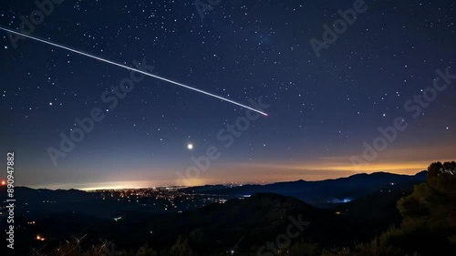 Meteor  or UFO streaks through the Earth's sky at night from outer space.
