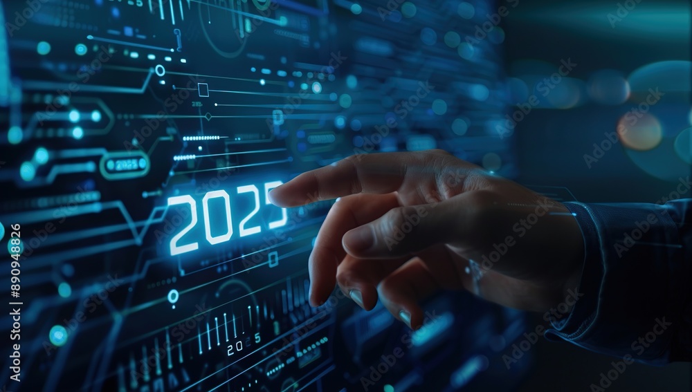 Hand Pointing at 2025 on Futuristic Interface Hand Pointing at 2025 on Futuristic Interface