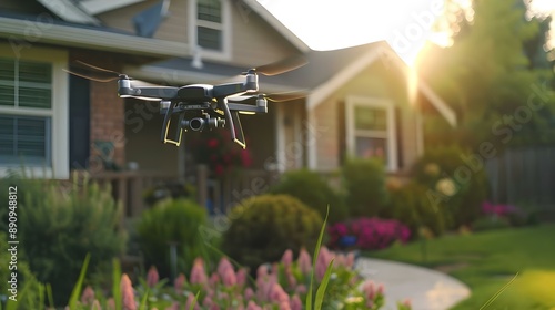 Drone flying in front of home