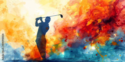 Golfer silhouette swinging club in abstract watercolor paint splash