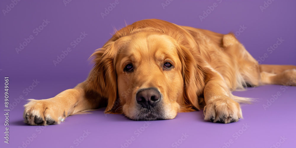 Golden retriever dog relaxing on purple background Golden retriever dog relaxing on purple background