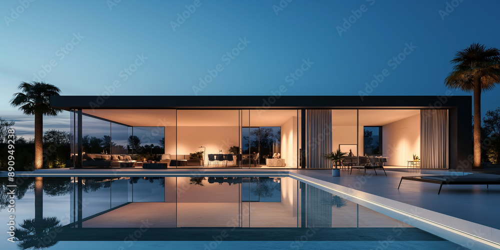 Modern minimalist home with pool reflecting twilight sky Modern minimalist home with pool reflecting twilight sky