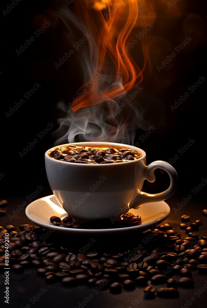 Aromatic Black Brew: Coffee Steam & Roasted Beans on Black Background Aromatic Black Brew: Coffee Steam & Roasted Beans on Black Background