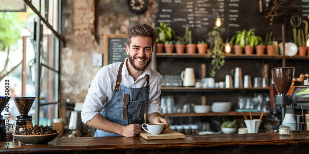 Happy barista smiling while preparing a cup of coffee in a cafe Happy barista smiling while preparing a cup of coffee in a cafe