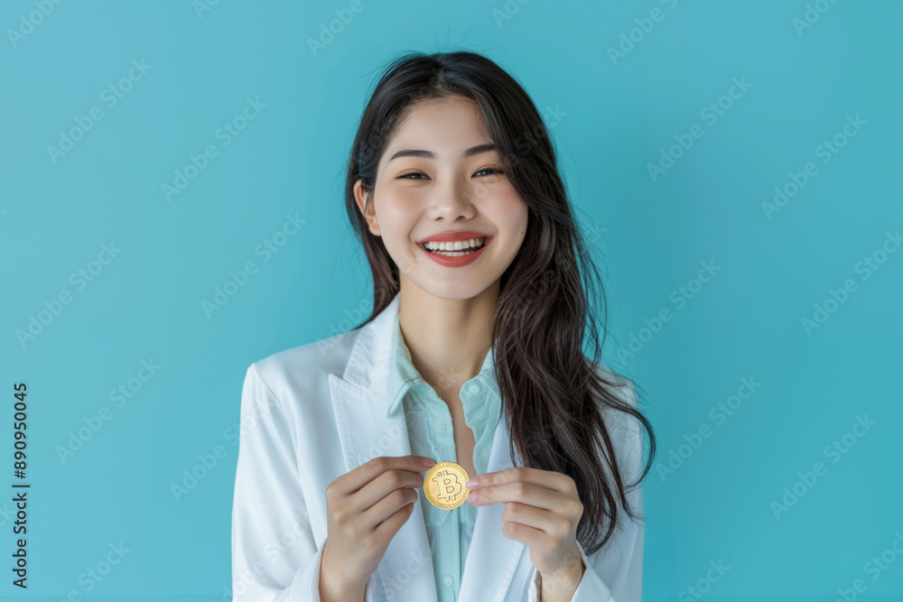 an Asian business girl in a luxurious suit, delightedly presenting her gold Bitcoin in front of a blue turquoise background, beautifully lit by a studio setup. an Asian business girl in a luxurious suit, delightedly presenting her gold Bitcoin in front of a blue turquoise background, beautifully lit by a studio setup.