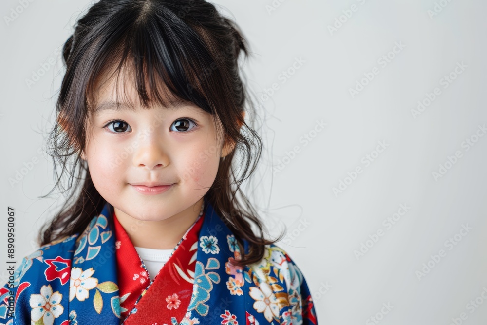 A cute Japanese girl wearing a high-contrast colorful kimono and a random hairstyle poses against a white background. A cute Japanese girl wearing a high-contrast colorful kimono and a random hairstyle poses against a white background.