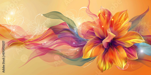 Orange flower blooming over colorful wavy lines abstract background