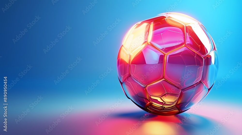 Naklejka premium Abstract glowing neon colored soccer ball over blue background. 