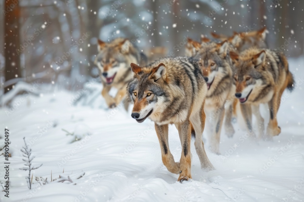 Naklejka premium Pack of wolves strides purposefully, their eyes reflecting the fierce determination to survive. This dynamic image captures the essence of their untamed spirit and the raw beauty of nature.