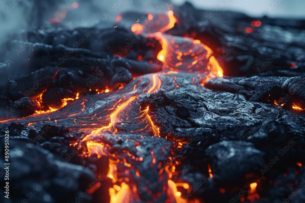 Close-up of flowing lava, showcasing glowing molten rock and darkened crust, illustrating the raw power of volcanic activity. Close-up of flowing lava, showcasing glowing molten rock and darkened crust, illustrating the raw power of volcanic activity.