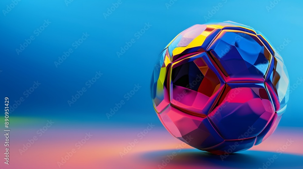 Naklejka premium Abstract glowing neon colored soccer ball over blue background. 