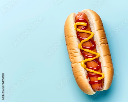 A delicious hot dog with mustard and ketchup, nestled in a soft bun, on a solid blue background photo