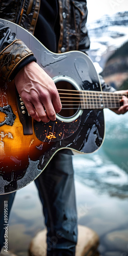 Uma pessoa tocando violão à beira do lago