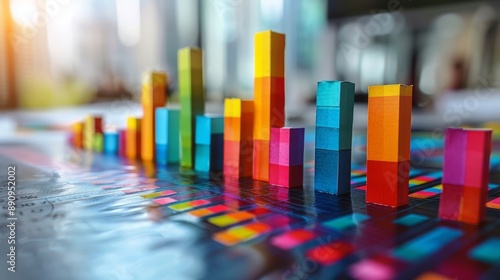 Vibrant 3D bar chart representing data analysis and business growth, captured in a modern office with soft sunlight.