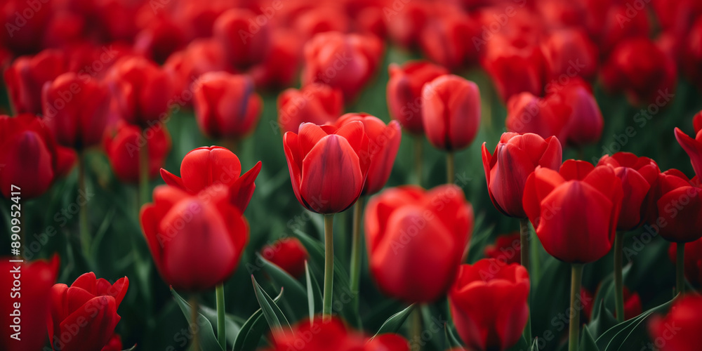 Lively fresh tulip fields, vivid green foliage and bright red tulip flowers. Lively fresh tulip fields, vivid green foliage and bright red tulip flowers.