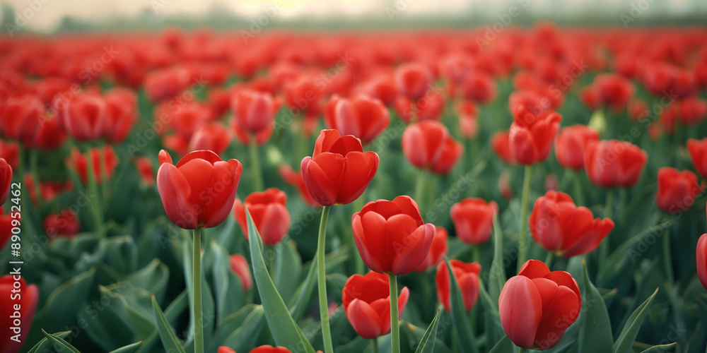 Obraz premium Lively fresh tulip fields, vivid green foliage and bright red tulip flowers.