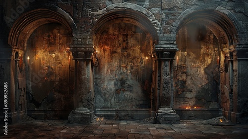 Ancient classic architecture with arches, wall from stone bricks and burning torches
