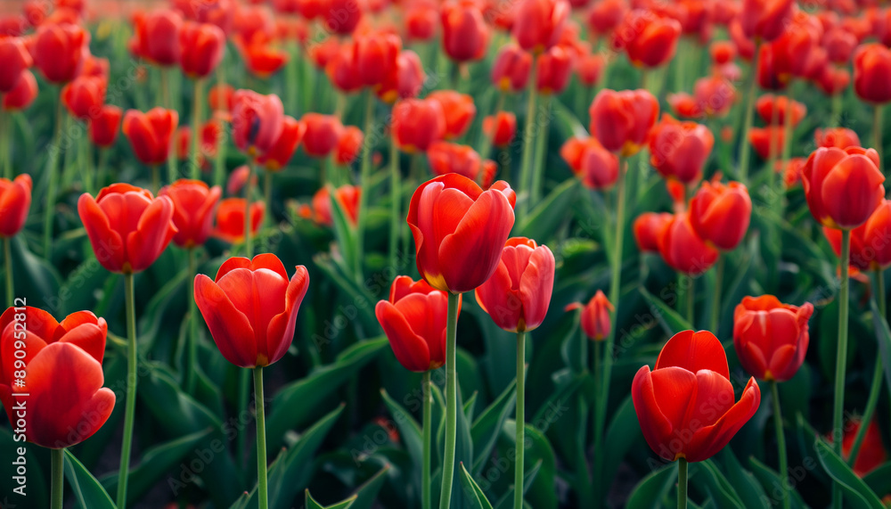 Lively fresh tulip fields, vivid green foliage and bright red tulip flowers. Lively fresh tulip fields, vivid green foliage and bright red tulip flowers.