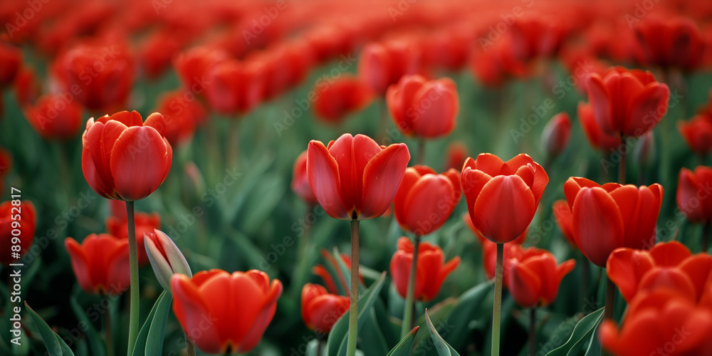 Obraz premium Lively fresh tulip fields, vivid green foliage and bright red tulip flowers.