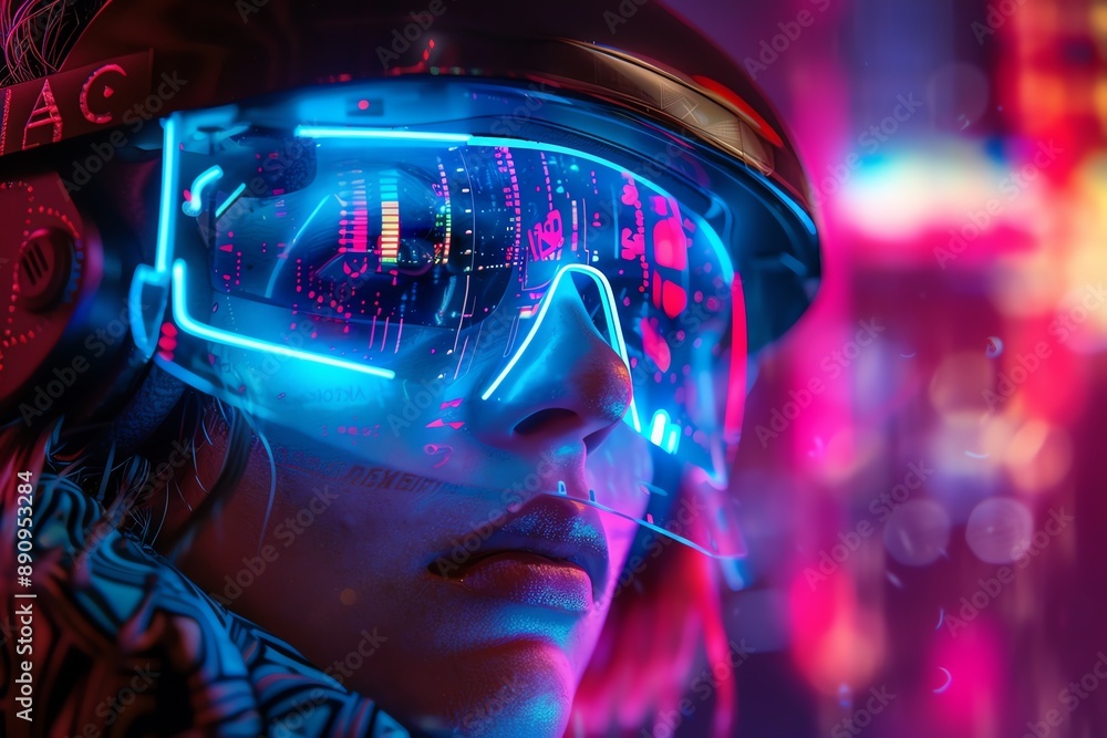 Closeup of a woman wearing futuristic neon goggles in a cyberpunk setting. Closeup of a woman wearing futuristic neon goggles in a cyberpunk setting.