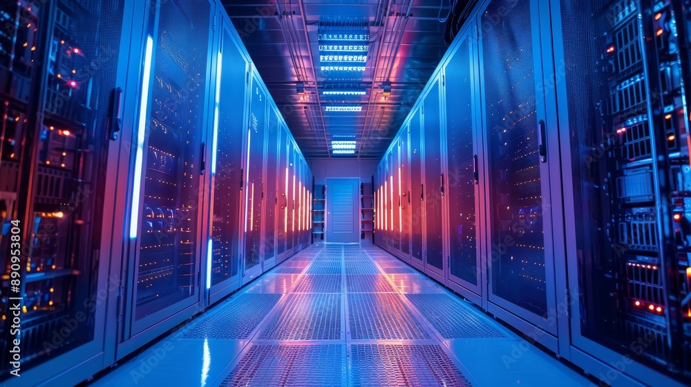 Fototapeta premium Modern data center with glowing lights and server racks, showcasing advanced computer technology and infrastructure for digital storage.