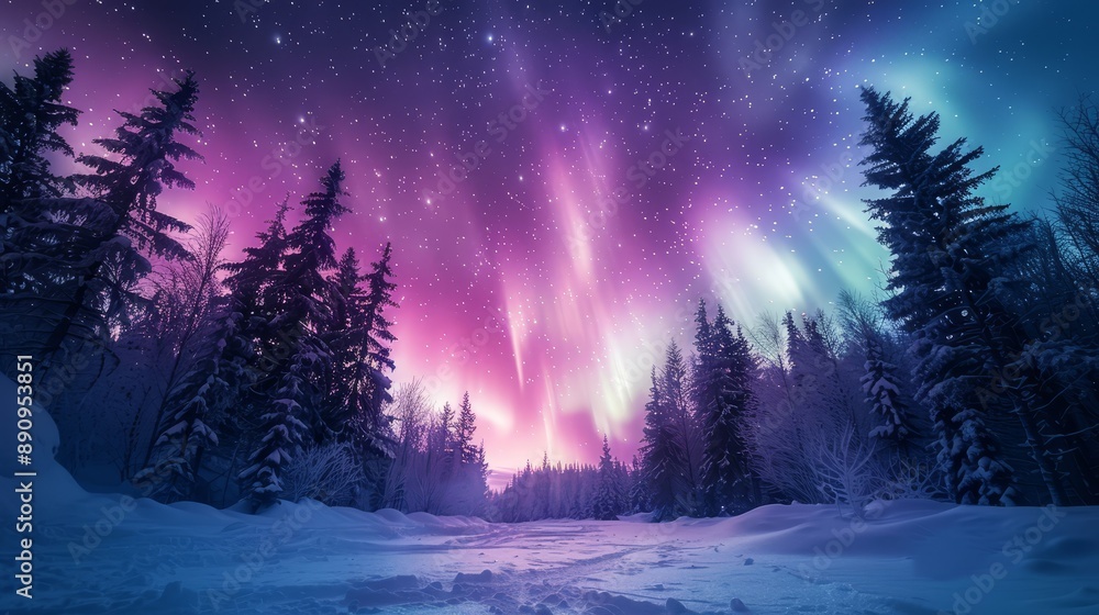 Vibrant northern lights over a snowy forest landscape, showcasing the stunning natural aurora borealis in a colorful night sky. Vibrant northern lights over a snowy forest landscape, showcasing the stunning natural aurora borealis in a colorful night sky.