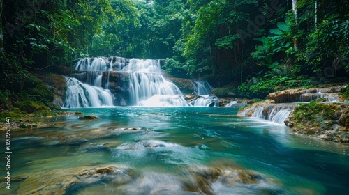 Stunning tropical waterfall cascading into a serene pool surrounded by lush green forest, perfect for nature and travel enthusiasts.