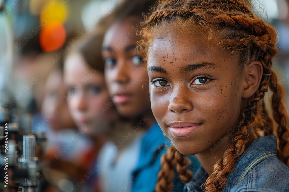 Young Girl With Braids Looks Confidently at the Camera During Class Young Girl With Braids Looks Confidently at the Camera During Class