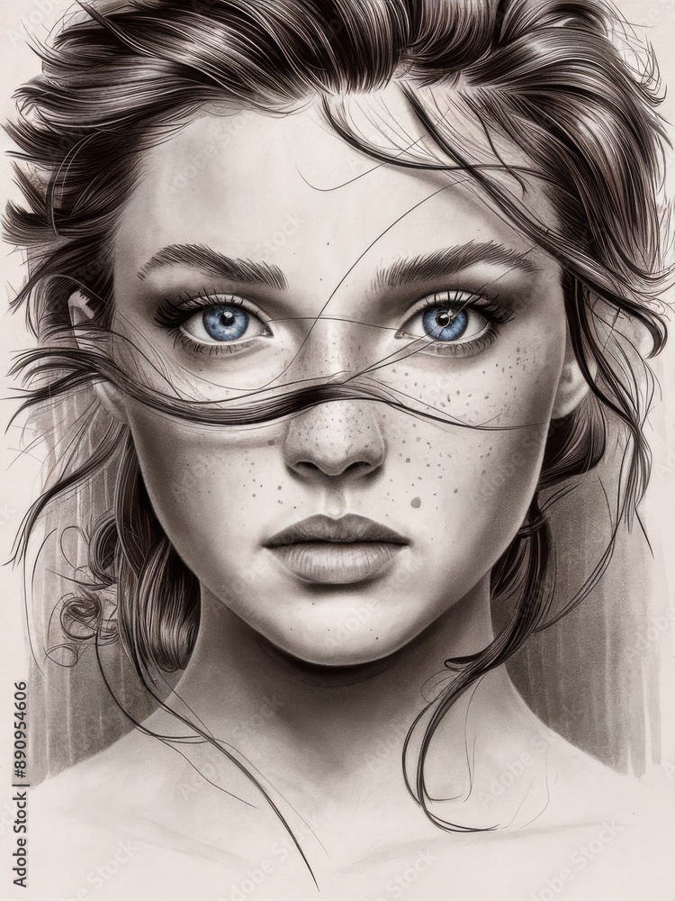 Stunning Portrait of Young Woman with Freckles and Blue Eyes, Detailed Digital Art Illustration Stunning Portrait of Young Woman with Freckles and Blue Eyes, Detailed Digital Art Illustration