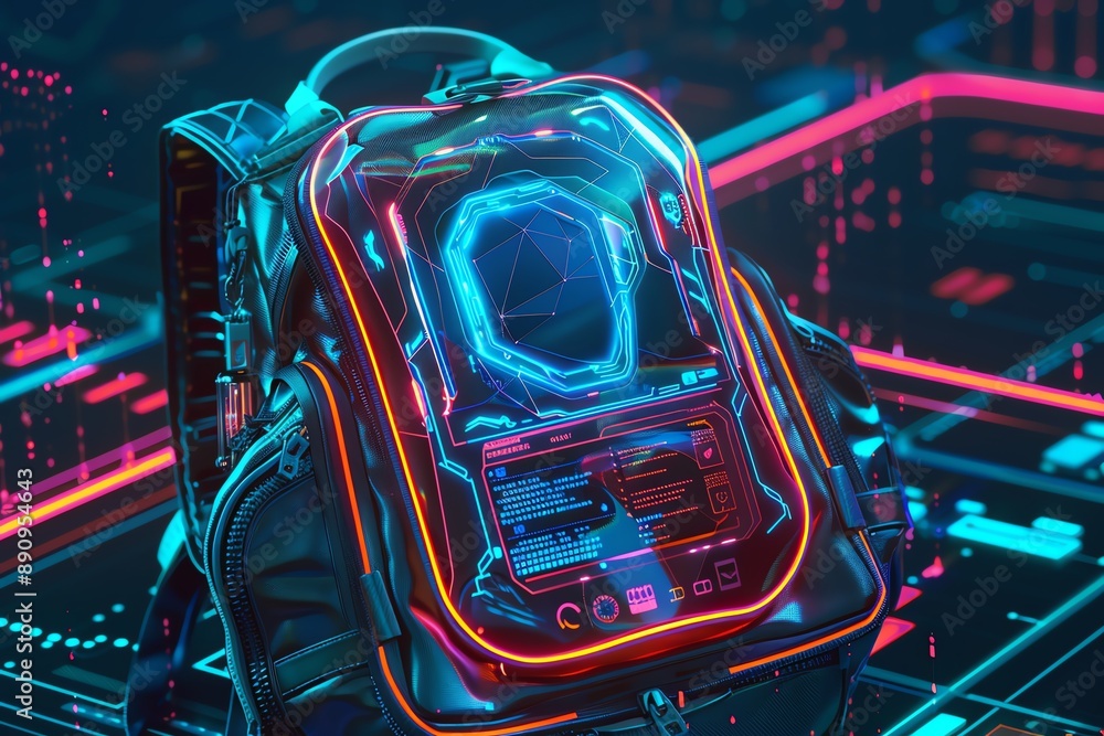 Futuristic glowing cyberpunk backpack with neon lights. Futuristic glowing cyberpunk backpack with neon lights.