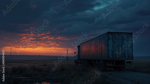 A semi-truck drives across a field at dusk.